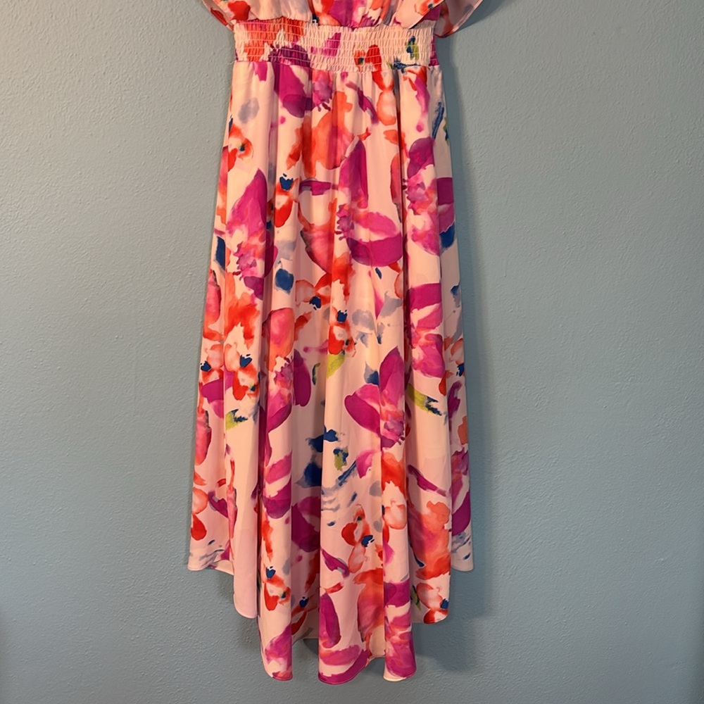 DKNY Vibrant Floral High Low Smocked Waist V Neck Flutter Sleeve Floral Dress 2 - Picture 9 of 10